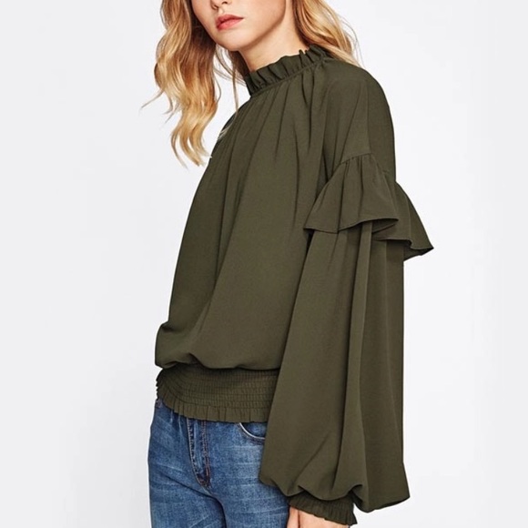 1 Left!!  Olive Green Blouse w/Wide Sleeves - Picture 3 of 4
